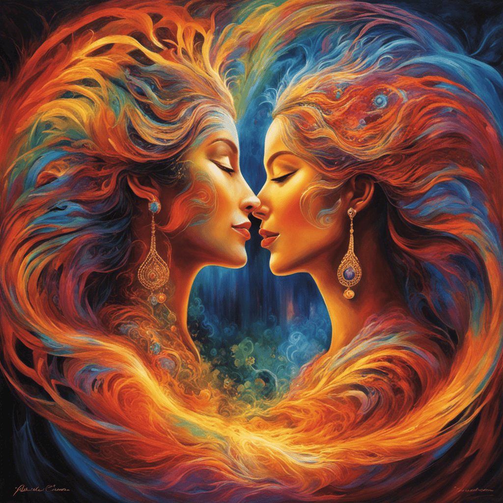 An image showcasing two individuals, their auras gently intertwining, as vibrant hues of energy and emotions radiate from their bodies, symbolizing the profound connection and emotional dynamics within personal relationships