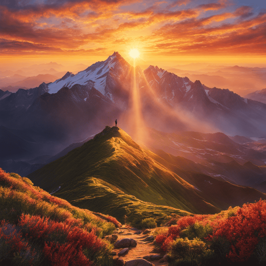 An image showcasing a vibrant sunrise over a mountain range, casting a golden light on a lone hiker standing at the summit, symbolizing how inspiration fuels personal growth
