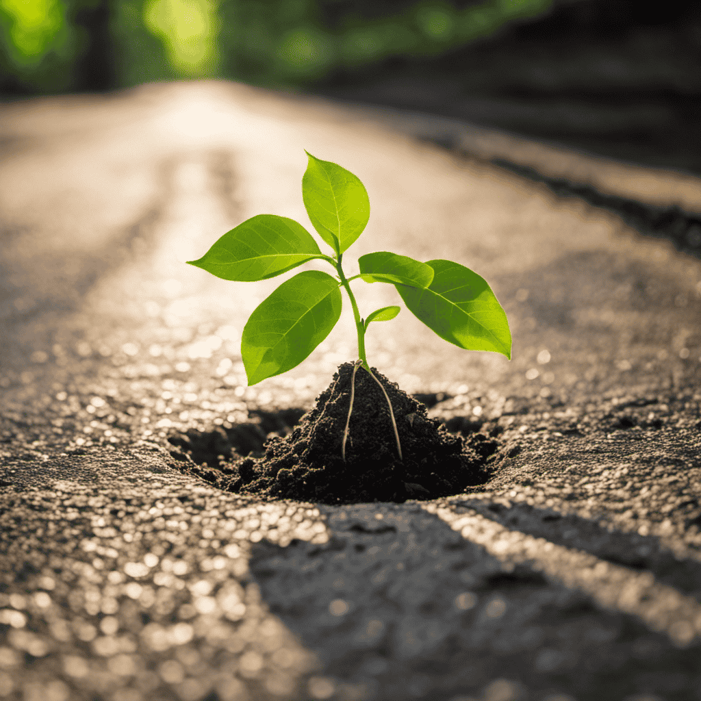 An image featuring a young seedling emerging from a cracked concrete pavement, stretching its delicate green leaves towards the warm sunlight filtering through the dense canopy of towering trees, symbolizing personal growth and resilience