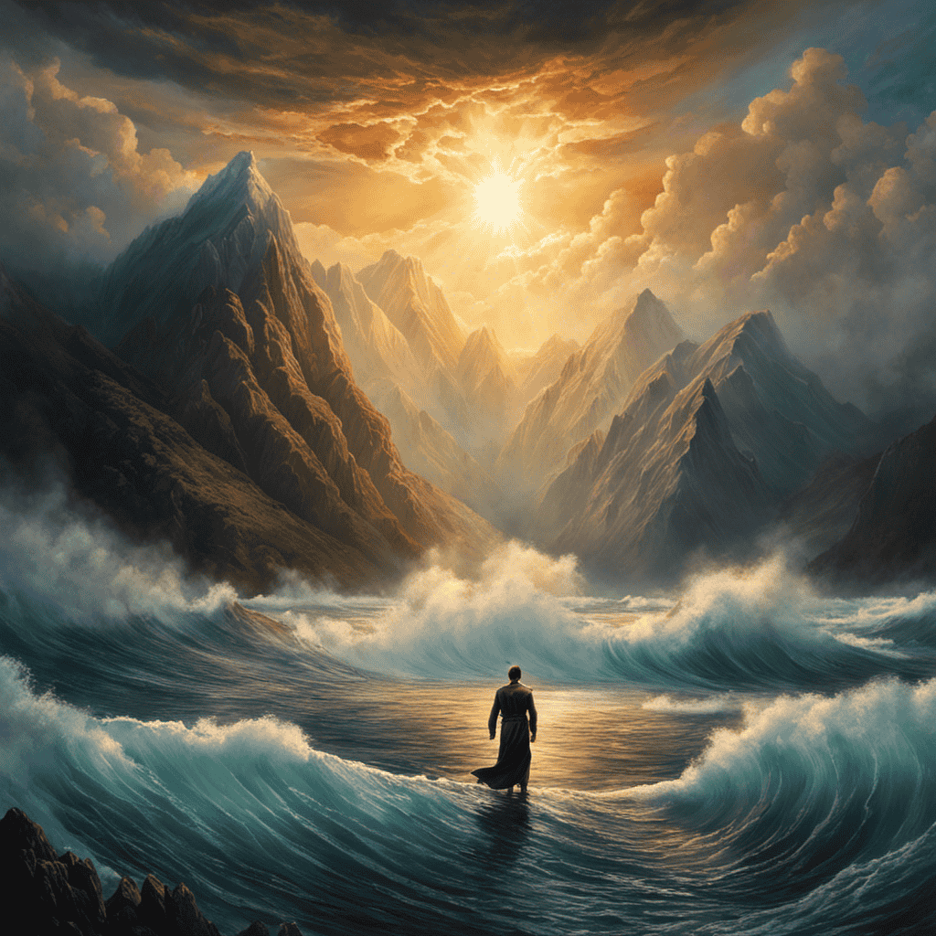 An image portraying a person standing at the edge of a vast, turbulent ocean, facing a towering mountain range