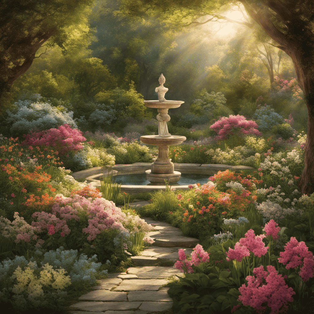 An image that captures the essence of spirituality and mindfulness: a serene garden bathed in soft sunlight, with a meditating figure surrounded by blooming flowers, as a gentle breeze rustles the leaves