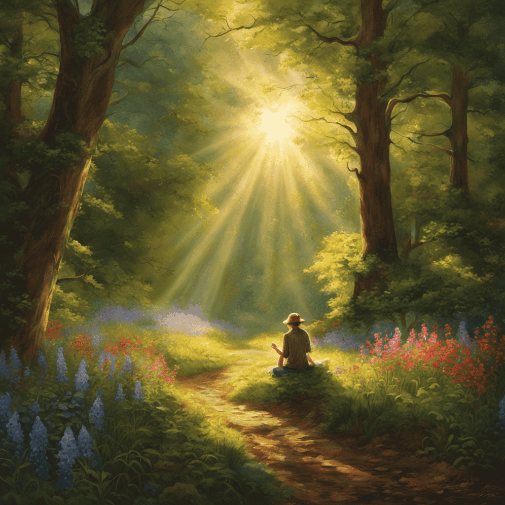 An image showcasing a serene, sunlit forest clearing