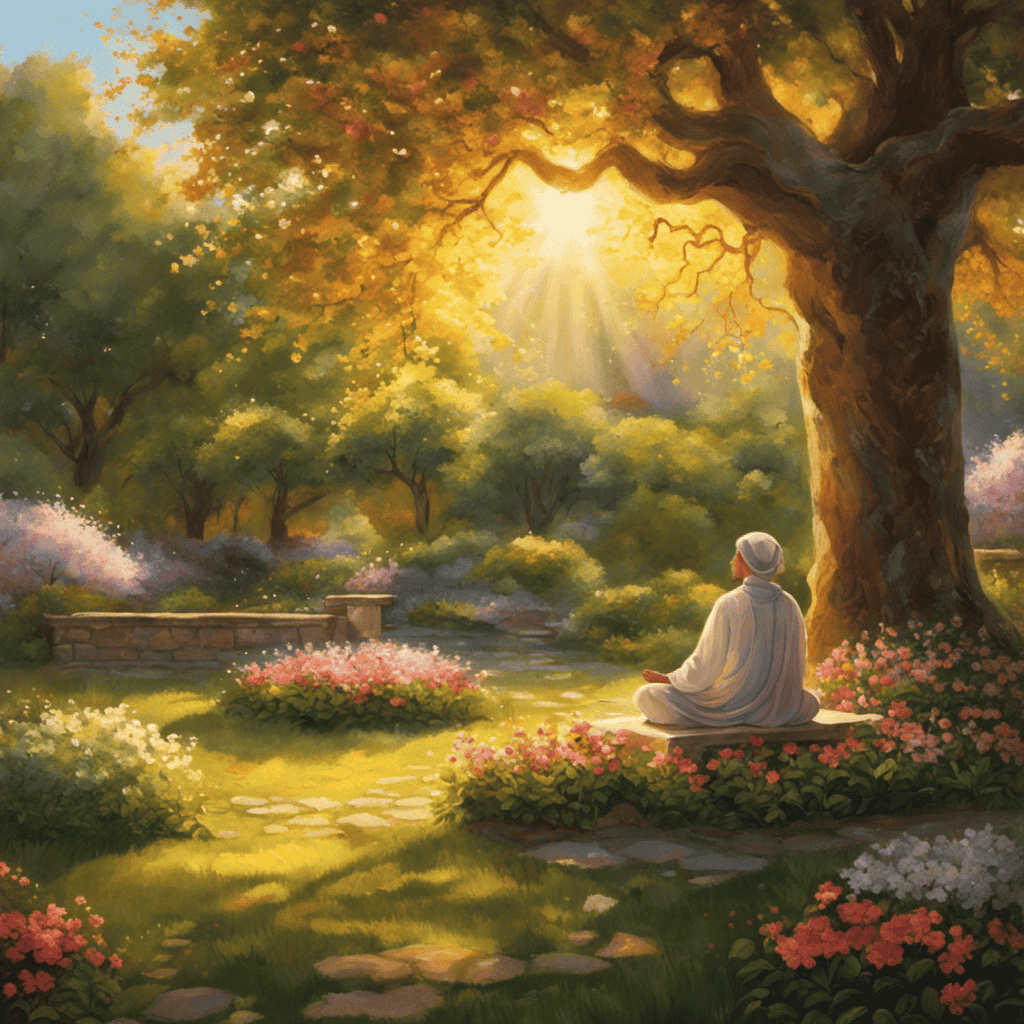 An image capturing a serene garden scene, drenched in golden sunlight