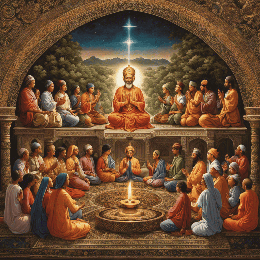 An image depicting a diverse group of individuals engaged in various religious practices, such as prayer, meditation, and worship, symbolizing the intricate interplay between spirituality and religion in fostering a deeper connection with the divine