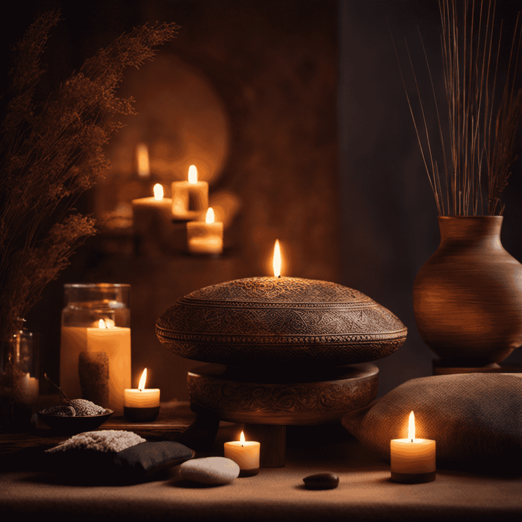 An image depicting a serene space with soft candlelight illuminating various objects like incense sticks, prayer beads, and a meditation cushion