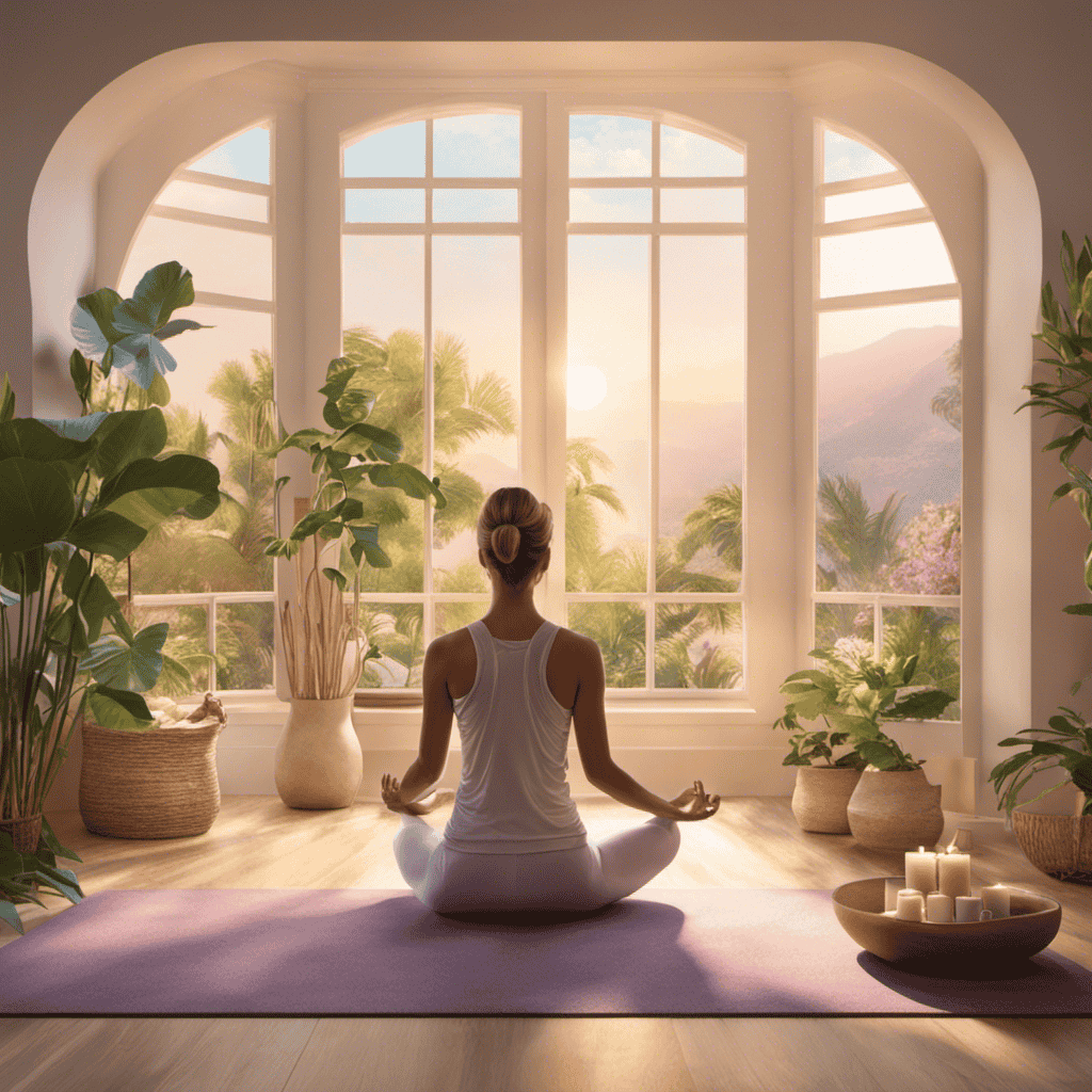 An image that showcases a serene, sunlit yoga studio with a practitioner peacefully meditating in a lotus position, surrounded by soft pastel hues