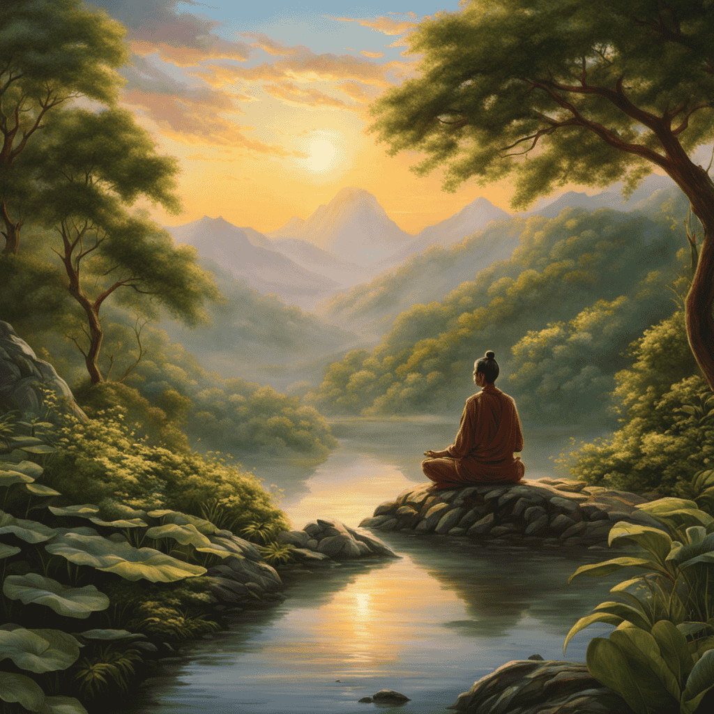 An image of a serene setting at sunrise, where a yogi sits in lotus position on a mountain peak, surrounded by lush greenery and the tranquil flow of a nearby river