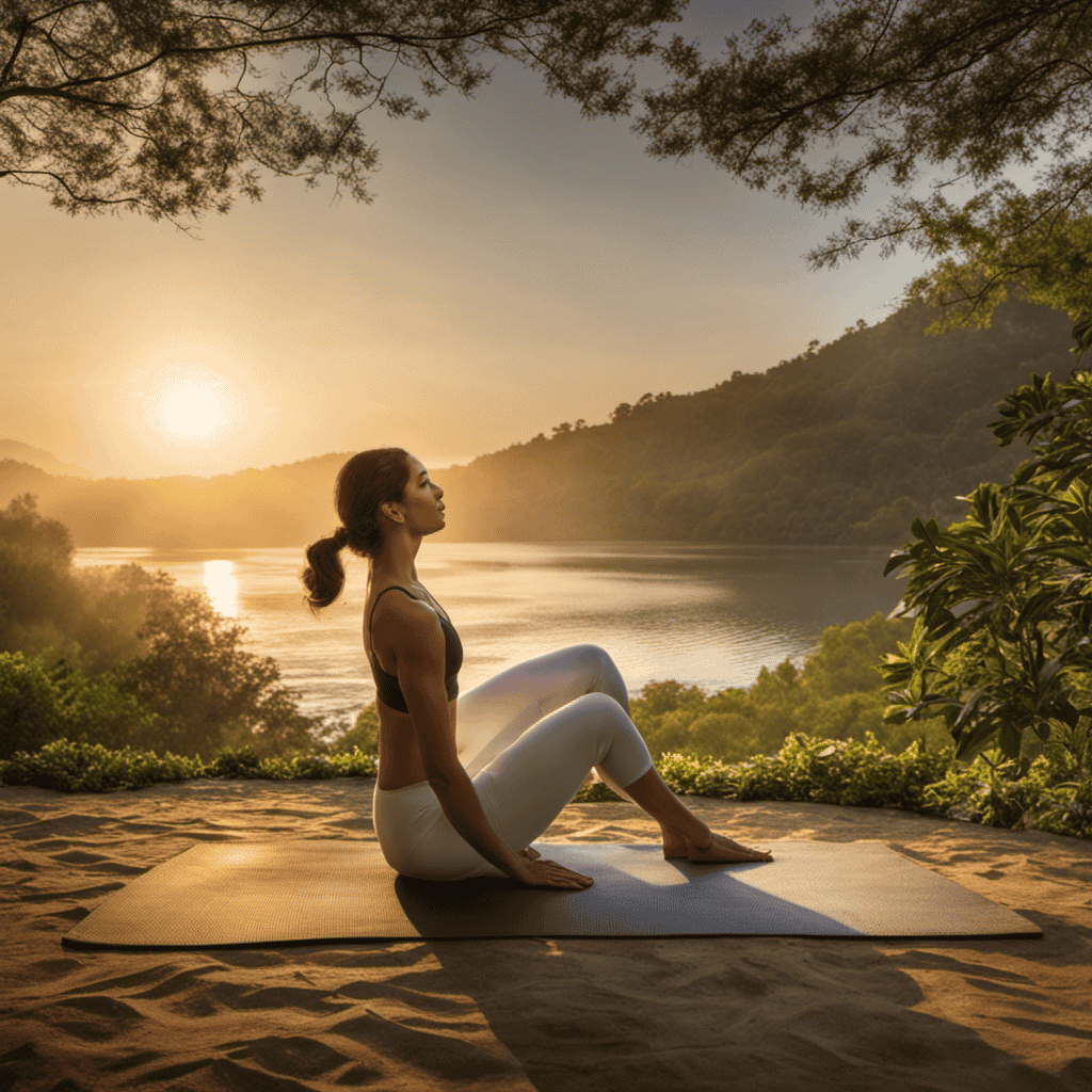 An image that captures the serene essence of yoga, featuring a woman gracefully stretching into a challenging pose, surrounded by a tranquil natural setting, evoking a sense of improved flexibility, mental clarity, and inner peace