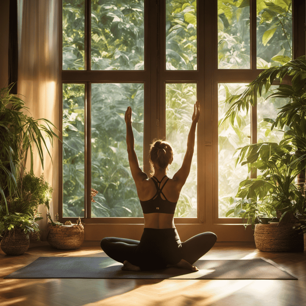 An image showcasing a serene morning scene with a person practicing yoga by a sunlit window, surrounded by plants and incense, as they gracefully flow through a sequence of poses