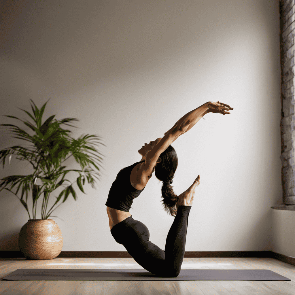 An image showcasing a beginner yogi in a serene studio, gracefully performing a deep backbend pose, exemplifying the simultaneous strength and flexibility attained through yoga practice